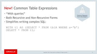 Copyright © 2017, Oracle and/or its affiliates. All rights reserved. |
New! Common Table Expressions
• “With queries”
• Both Recursive and Non-Recursive Forms
• Simplifies writing complex SQL: 
 
WITH t1 AS (SELECT * FROM tblA WHERE a=‘b’) 
SELECT * FROM t1;
17
Feature Request 
from Developers
 