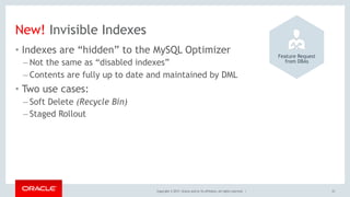 Copyright © 2017, Oracle and/or its affiliates. All rights reserved. |
New! Invisible Indexes
• Indexes are “hidden” to the MySQL Optimizer
– Not the same as “disabled indexes”
– Contents are fully up to date and maintained by DML
• Two use cases:
– Soft Delete (Recycle Bin)
– Staged Rollout
23
Feature Request 
from DBAs
 