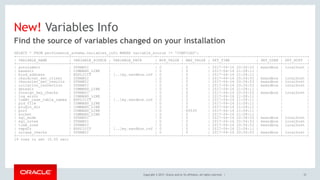Copyright © 2017, Oracle and/or its affiliates. All rights reserved. |
New! Variables Info
33
Find the source of variables changed on your installation
SELECT * FROM performance_schema.variables_info WHERE variable_source != 'COMPILED';
+------------------------+-----------------+--------------------+-----------+-----------+---------------------+----------+-----------+
| VARIABLE_NAME | VARIABLE_SOURCE | VARIABLE_PATH | MIN_VALUE | MAX_VALUE | SET_TIME | SET_USER | SET_HOST |
+------------------------+-----------------+--------------------+-----------+-----------+---------------------+----------+-----------+
| autocommit | DYNAMIC | | 0 | 0 | 2017-04-16 20:56:53 | msandbox | localhost |
| basedir | COMMAND_LINE | | 0 | 0 | 2017-04-16 21:08:11 | | |
| bind_address | EXPLICIT | [..]my.sandbox.cnf | 0 | 0 | 2017-04-16 21:08:11 | | |
| character_set_client | DYNAMIC | | 0 | 0 | 2017-04-16 20:56:53 | msandbox | localhost |
| character_set_results | DYNAMIC | | 0 | 0 | 2017-04-16 20:56:53 | msandbox | localhost |
| collation_connection | DYNAMIC | | 0 | 0 | 2017-04-16 20:56:53 | msandbox | localhost |
| datadir | COMMAND_LINE | | 0 | 0 | 2017-04-16 21:08:11 | | |
| foreign_key_checks | DYNAMIC | | 0 | 0 | 2017-04-16 20:56:53 | msandbox | localhost |
| log_error | COMMAND_LINE | | 0 | 0 | 2017-04-16 21:08:11 | | |
| lower_case_table_names | EXPLICIT | [..]my.sandbox.cnf | 0 | 2 | 2017-04-16 21:08:11 | | |
| pid_file | COMMAND_LINE | | 0 | 0 | 2017-04-16 21:08:11 | | |
| plugin_dir | COMMAND_LINE | | 0 | 0 | 2017-04-16 21:08:11 | | |
| port | COMMAND_LINE | | 0 | 65535 | 2017-04-16 21:08:11 | | |
| socket | COMMAND_LINE | | 0 | 0 | 2017-04-16 21:08:11 | | |
| sql_mode | DYNAMIC | | 0 | 0 | 2017-04-16 20:56:53 | msandbox | localhost |
| sql_notes | DYNAMIC | | 0 | 0 | 2017-04-16 20:56:53 | msandbox | localhost |
| time_zone | DYNAMIC | | 0 | 0 | 2017-04-16 20:56:53 | msandbox | localhost |
| tmpdir | EXPLICIT | [..]my.sandbox.cnf | 0 | 0 | 2017-04-16 21:08:11 | | |
| unique_checks | DYNAMIC | | 0 | 0 | 2017-04-16 20:56:53 | msandbox | localhost |
+------------------------+-----------------+--------------------+-----------+-----------+---------------------+----------+-----------+
19 rows in set (0.00 sec)
 