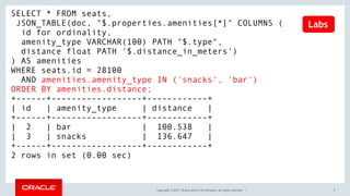 Copyright © 2017, Oracle and/or its affiliates. All rights reserved. |
SELECT * FROM seats,
JSON_TABLE(doc, "$.properties.amenities[*]" COLUMNS (
id for ordinality,
amenity_type VARCHAR(100) PATH "$.type",
distance float PATH '$.distance_in_meters')
) AS amenities
WHERE seats.id = 28100
AND amenities.amenity_type IN ('snacks', 'bar')
ORDER BY amenities.distance;
+------+------------------+------------+
| id | amenity_type | distance |
+------+------------------+------------+
| 2 | bar | 100.538 |
| 3 | snacks | 136.647 |
+------+------------------+------------+
2 rows in set (0.00 sec)
9
Labs
 