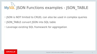 Copyright © 2018, Oracle and/or its affiliates. All rights reserved. |
• JSON is NOT limited to CRUD, can also be used in complex queries
• JSON_TABLE convert JSON into SQL table
• Leverage existing SQL framework for aggregation
38
JSON Functions examples - JSON_TABLE
 