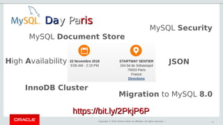 Copyright © 2018, Oracle and/or its affiliates. All rights reserved. |
DaDay Pay Parisris
4
Migration to MySQL 8.0
https://bit.ly/2PkjP6Phttps://bit.ly/2PkjP6P
MySQL Document Store
High Availability
MySQL Security
JSON
InnoDB Cluster
 