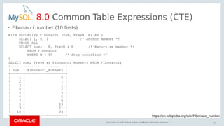 Copyright © 2018, Oracle and/or its affiliates. All rights reserved. |
• Fibonacci number (10 firsts)
46
8.0 Common Table Expressions (CTE)
WITH RECURSIVE Fibonacci (num, PrevN, N) AS (
SELECT 1, 0, 1 /* Anchor member */
UNION ALL
SELECT num+1, N, PrevN + N /* Recursive member */
FROM Fibonacci
WHERE N < 50 /* Stop condition */
)
SELECT num, PrevN as Fibonacci_Numbers FROM Fibonacci;
+------+-------------------+
| num | Fibonacci_Numbers |
+------+-------------------+
| 1 | 0 |
| 2 | 1 |
| 3 | 1 |
| 4 | 2 |
| 5 | 3 |
| 6 | 5 |
| 7 | 8 |
| 8 | 13 |
| 9 | 21 |
| 10 | 34 |
+------+-------------------+ https://en.wikipedia.org/wiki/Fibonacci_number
 