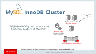 Copyright © 2018, Oracle and/or its affiliates. All rights reserved. |
InnoDB Cluster
71
App Servers with
MySQL Router
MySQL Group Replication
MySQL Shell
Setup, Manage,
Orchestrate
“High Availability becomes a core
first class feature of MySQL!”
https://mysqlserverteam.com/mysql-innodb-cluster-8-0-ga-is-available-now/
 