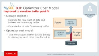 Copyright © 2018, Oracle and/or its affiliates. All rights reserved. |
Improved to consider buffer pool fit
8.0: Optimizer Cost Model
Feature Request
by DBAs• Storage engines :
– Estimate for how much of data and
indexes are in memory buffer
– Estimate for hit rate for memory buffer
• Optimizer cost model :
– Take into account wether data is already
in memory or need to be read from disk
93
 