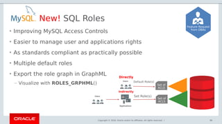 Copyright © 2018, Oracle and/or its affiliates. All rights reserved. |
• Improving MySQL Access Controls
• Easier to manage user and applications rights
• As standards compliant as practically possible
• Multiple default roles
• Export the role graph in GraphML
– Visualize with ROLES_GRPHML()
96
Directly
Indirectly
Set Role(s)
Default Role(s)
Set of
ACLS
Set of
ACLS
New! SQL Roles
Feature Request
from DBAs
 