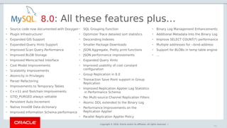 Copyright © 2018, Oracle and/or its affiliates. All rights reserved. |
8.0: All these features plus…
• Source code now doc...