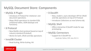 Copyright	©	2017,	Oracle	and/or	its	affiliates.	All	rights	reserved.		
	
	
MySQL	Document	Store:	Components	
•  MySQL	X	Plugin	
•  Introduces	X	Protocol	for	relational-	and	
document	operations	
•  Maps	CRUD	operations	to	standard	SQL	
(relational	tables,	JSON	datatype	and	
functions)	
•  X	Protocol	
•  New	MySQL	client	protocol	based	on	top	of	
industry	standard	(Protobuf)	
•  Works	for	both,	CRUD	and	SQL	operations	
•  InnoDB	Cluster	
•  Read-Scaling,	Write-Scaling,	HA	
•  X	DevAPI	
•  New,	modern,	async	developer	API	for	CRUD	
and	SQL	operations	on	top	of	X	Protocol	
•  Introduces	Collections	as	new	Schema	obj.	
•  MySQL	Shell	
•  Offers	interactive	X	DevAPI	mode	for	app	
prototyping	
•  MySQL	Connectors	
•  Support	for	X	DevAPI	for	
•  JavaScript,	Python,	PHP,	Java,	C#,	C++	
20	
 