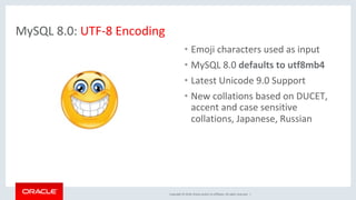 Copyright	©	2018,	Oracle	and/or	its	affiliates.	All	rights	reserved.		|	
•  Emoji	characters	used	as	input		
•  MySQL	8.0	defaults	to	utf8mb4	
•  Latest	Unicode	9.0	Support	
•  New	collations	based	on	DUCET,	
accent	and	case	sensitive	
collations,	Japanese,	Russian	
MySQL	8.0:	UTF-8	Encoding	
 