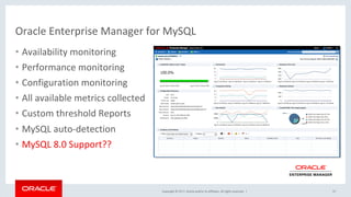 Copyright	©	2017,	Oracle	and/or	its	affiliates.	All	rights	reserved.		|	
	
	
	
Oracle	Enterprise	Manager	for	MySQL	
Performance	
•  Availability	monitoring	
•  Performance	monitoring	
•  Configuration	monitoring	
•  All	available	metrics	collected	
•  Custom	threshold	Reports	
•  MySQL	auto-detection		
•  MySQL	8.0	Support??	
57	
 
