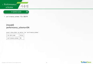 Copyright ⓒ 2021 Neoclova Co.,Ltd. All rights reserved. 16
1. Performance
schema
수집환경 설정
1. performance_schema 기능 활성화
[mysqld]
performance_schema=ON
mysql> show global variables like 'performance_schema';
+--------------------+-------+
| Variable_name | Value |
+--------------------+-------+
| performance_schema | ON |
+--------------------+-------+
 