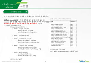 Copyright ⓒ 2021 Neoclova Co.,Ltd. All rights reserved. 20
1. Performance
schema
수집환경 설정
5. 수집데이터를 보내고 저장할 대상 테이블의 사용여부를 설정한다.
setup_consumers – 각자 목적에 맞게 설정 (모두 활성화)
consumer항목은 계층구조로 하위는 상위의 활성화 여부에 따라 작동한다.
하위측정을 활성화 하려면 상위가 모두 활성화해야 합니다.
- global_instrumentation
- thread_instrumentation
- events_stages_current
- events_stages_history
- events_stages_history_long
- events_statements_cpu
- events_statements_current
- events_statements_history
- events_statements_history_long
- events_transactions_current
- events_transactions_history
- events_transactions_history_long
- events_waits_current
- events_waits_history
- events_waits_history_long
- statements_digest
mysql> select * from setup_consumers;
+----------------------------------+---------+
| NAME | ENABLED |
+----------------------------------+---------+
| events_stages_current | NO |
| events_stages_history | NO |
| events_stages_history_long | NO |
| events_statements_cpu | NO |
| events_statements_current | YES |
| events_statements_history | YES |
| events_statements_history_long | NO |
| events_transactions_current | YES |
| events_transactions_history | YES |
| events_transactions_history_long | NO |
| events_waits_current | NO |
| events_waits_history | NO |
| events_waits_history_long | NO |
| global_instrumentation | YES |
| thread_instrumentation | YES |
| statements_digest | YES |
+----------------------------------+---------+
#모든 카테고리 모두 활성화
mysql> update setup_consumers set enabled='yes';
 