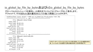 io_global_by_file_by_bytesおよびx$io_global_by_file_by_bytes
root@localhost [sys]> SELECT * FROM sys.io_global_by_file_by_bytes limit 2G
*************************** 1. row ***************************
file: @@basedir/data/ibtmp1
count_read: 5
total_read: 80.00 KiB
avg_read: 16.00 KiB
count_write: 521
total_written: 19.95 MiB
avg_write: 39.22 KiB
total: 20.03 MiB
write_pct: 99.61
*************************** 2. row ***************************
file: @@basedir/data/undo_001
count_read: 384
total_read: 6.05 MiB
avg_read: 16.12 KiB
count_write: 7
total_written: 112.00 KiB
avg_write: 16.00 KiB
total: 6.16 MiB
write_pct: 1.78
グローバルI/Oコンシューマを要約し、I/O発生をファイルごとにグループ化して表示します。
デフォルトで、行は合計I/O（読み書きされたバイト数）で降順にソートされます。
どのデータベースファイルにI/Oバイトが多く発生しているか確認出来る
為、ファイルのパスを変更する等の検討材料にも利用可能です。
 