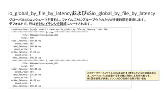 io_global_by_file_by_latencyおよびx$io_global_by_file_by_latency
root@localhost [sys]> SELECT * FROM sys.io_global_by_file_by_latency limit 2G
*************************** 1. row ***************************
file: @@basedir/data/undo_002
total: 390
total_latency: 598.68 ms
count_read: 382
read_latency: 598.46 ms
count_write: 2
write_latency: 15.03 us
count_misc: 6
misc_latency: 198.75 us
*************************** 2. row ***************************
file: @@basedir/data/undo_001
total: 397
total_latency: 526.48 ms
count_read: 384
read_latency: 526.24 ms
count_write: 7
write_latency: 46.22 us
count_misc: 6
misc_latency: 198.15 us
グローバルI/Oコンシューマを要約し、ファイルごとにグループ化されたI/O待機時間を表示します。
デフォルトで、行は合計レイテンシを降順にソートされます。
どのデータベースファイルにI/O遅延が多く発生しているか確認出来る
為、ファイルのパスを変更する等の検討材料にも利用可能です。
例) 更新処理が多発してい、UNDO領域の負荷が高い場合
 