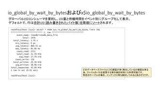 io_global_by_wait_by_bytesおよびx$io_global_by_wait_by_bytes
root@localhost [sys]> SELECT * FROM sys.io_global_by_wait_by_bytes limit 1G
*************************** 1. row ***************************
event_name: innodb/innodb_data_file
total: 1976
total_latency: 1.70 s
min_latency: 0 ps
avg_latency: 860.51 us
max_latency: 81.06 ms
count_read: 1251
total_read: 21.70 MiB
avg_read: 17.76 KiB
count_write: 536
total_written: 20.39 MiB
avg_written: 38.96 KiB
total_requested: 42.09 MiB
1 row in set (0.01 sec)
root@localhost [sys]>
グローバルI/Oコンシューマを要約し、I/O量と待機時間をイベント別にグループ化して表示。
デフォルトで、行は合計I/O（読み書きされたバイト数）を降順にソートされます。
どのデータベースファイルにI/O遅延が多く発生しているか確認出来る
為、ファイルのパスを変更する等の検討材料にも利用可能です。
特定のテーブルの場合、インデックス等も検討してみると良さそうです。
 