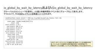 io_global_by_wait_by_latencyおよびx$io_global_by_wait_by_latency
root@localhost [sys]> SELECT * FROM sys.io_global_by_wait_by_latency limit 1G
*************************** 1. row ***************************
event_name: innodb/innodb_data_file
total: 1976
total_latency: 1.70 s
avg_latency: 860.51 us
max_latency: 81.06 ms
read_latency: 1.67 s
write_latency: 26.17 ms
misc_latency: 2.42 ms
count_read: 1251
total_read: 21.70 MiB
avg_read: 17.76 KiB
count_write: 536
total_written: 20.39 MiB
avg_written: 38.96 KiB
1 row in set (0.00 sec)
グローバルI/Oコンシューマを要約し、I/O量と待機時間をイベント別にグループ化して表示します。
デフォルトで、行は合計レイテンシを降順にソートされます。
どのデータベースファイルにI/O遅延が多く発生しているか確認出来る
為、ファイルのパスを変更する等の検討材料にも利用可能です。
特定のテーブルの場合、インデックス等も検討してみると良さそうです。
 