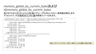 memory_global_by_current_bytesおよび
x$memory_global_by_current_bytes
root@localhost [sys]> SELECT * FROM sys.memory_global_by_current_bytes limit 2G
*************************** 1. row ***************************
event_name: memory/performance_schema/events_errors_summary_by_thread_by_error
current_count: 257
current_alloc: 34.20 MiB
current_avg_alloc: 136.26 KiB
high_count: 257
high_alloc: 34.20 MiB
high_avg_alloc: 136.26 KiB
*************************** 2. row ***************************
event_name: memory/innodb/ut0link_buf
current_count: 2
current_alloc: 24.00 MiB
current_avg_alloc: 12.00 MiB
high_count: 2
high_alloc: 24.00 MiB
high_avg_alloc: 12.00 MiB
2 rows in set (0.00 sec)
割り当てられたタイプ（イベント別）毎にグループ化されたメモリー使用量を要約します。 　
デフォルトで、行は使用されたメモリ量の降順でソートされます。
現在、どのイベントがメモリーを多く、使用しているか確認する事が可能。
 