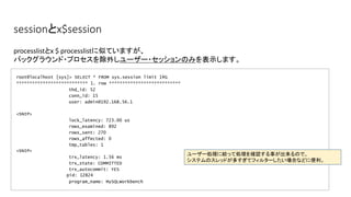 sessionとx$session
root@localhost [sys]> SELECT * FROM sys.session limit 1G
*************************** 1. row ***************************
thd_id: 52
conn_id: 15
user: admin@192.168.56.1
<SNIP>
lock_latency: 723.00 us
rows_examined: 892
rows_sent: 270
rows_affected: 0
tmp_tables: 1
<SNIP>
trx_latency: 1.56 ms
trx_state: COMMITTED
trx_autocommit: YES
pid: 12824
program_name: MySQLWorkbench
processlistとx $ processlistに似ていますが、
バックグラウンド・プロセスを除外しユーザー・セッションのみを表示します。
ユーザー処理に絞って処理を確認する事が出来るので、
システムのスレッドが多すぎてフィルターしたい場合などに便利。
 
