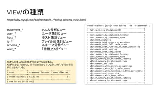 VIEWの種類
statement_* SQL文分析ビュー
user_* ユーザ集計ビュー
host_* ホスト 集計ビュー
io_* ファイルIO 集計ビュー
schema_* スキーマ分析ビュー
wait_* 「待機」分析ビュー
root@localhost [sys]> show tables like '%statement%';
+-----------------------------------------------+
| Tables_in_sys (%statement%) |
+-----------------------------------------------+
| host_summary_by_statement_latency |
| host_summary_by_statement_type |
| statement_analysis |
| statements_with_errors_or_warnings |
| statements_with_full_table_scans |
| statements_with_runtimes_in_95th_percentile |
| statements_with_sorting |
| statements_with_temp_tables |
| user_summary_by_statement_latency |
| user_summary_by_statement_type |
| x$host_summary_by_statement_latency |
| x$host_summary_by_statement_type |
| x$statement_analysis |
| x$statements_with_errors_or_warnings |
| x$statements_with_full_table_scans |
| x$statements_with_runtimes_in_95th_percentile |
| x$statements_with_sorting |
| x$statements_with_temp_tables |
| x$user_summary_by_statement_latency |
| x$user_summary_by_statement_type |
+-----------------------------------------------+
X$から始まるViewとX$が付かないViewがある。
X$が付かないViewは、 管理者が分かり易いように”ms”, “s”等の単位
が付加されている。
+----------------+-------------------+---------------+
| user | statement_latency | rows_affected |
+----------------+-------------------+---------------+
| root@localhost | 61.61 ms | 0 |
+----------------+-------------------+---------------+
1 row in set (0.06 sec)
https://dev.mysql.com/doc/refman/5.7/en/sys-schema-views.html
 