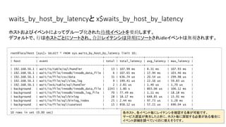 waits_by_host_by_latencyと x$waits_by_host_by_latency
root@localhost [sys]> SELECT * FROM sys.waits_by_host_by_latency limit 10;
+--------------+--------------------------------------+-------+---------------+-------------+-------------+
| host | event | total | total_latency | avg_latency | max_latency |
+--------------+--------------------------------------+-------+---------------+-------------+-------------+
| 192.168.56.1 | wait/io/table/sql/handler | 13 | 107.99 ms | 8.31 ms | 107.93 ms |
| 192.168.56.1 | wait/io/file/innodb/innodb_data_file | 6 | 107.65 ms | 17.94 ms | 103.46 ms |
| 192.168.56.1 | wait/io/file/csv/data | 31 | 636.74 us | 20.54 us | 299.98 us |
| 192.168.56.1 | wait/io/file/sql/slow_log | 9 | 199.41 us | 22.16 us | 59.83 us |
| 192.168.56.1 | wait/lock/table/sql/handler | 2 | 2.81 us | 1.40 us | 1.70 us |
| background | wait/io/file/innodb/innodb_data_file | 2243 | 1.80 s | 803.06 us | 106.12 ms |
| background | wait/io/file/innodb/innodb_log_file | 70 | 77.49 ms | 1.11 ms | 18.18 ms |
| background | wait/io/file/sql/binlog | 28 | 18.17 ms | 648.85 us | 15.91 ms |
| background | wait/io/file/sql/binlog_index | 25 | 2.44 ms | 97.73 us | 1.28 ms |
| background | wait/io/file/sql/casetest | 15 | 858.12 us | 57.21 us | 690.04 us |
+--------------+--------------------------------------+-------+---------------+-------------+-------------+
10 rows in set (0.00 sec)
ホストおよびイベントによってグループ化された待機イベントを要約します。
デフォルトで、行はホストごとにソートされ、合計レイテンシは降順にソートされidleイベントは無視されます。
各ホスト、各イベント毎にレイテンシを確認する事が可能です。
サービス遅延が発生したときに、ホスト毎に深堀する必要がある場合に
イベント詳細を調べていくのに使えそうです。
 
