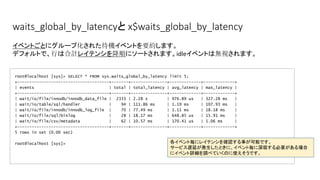 waits_global_by_latencyと x$waits_global_by_latency
root@localhost [sys]> SELECT * FROM sys.waits_global_by_latency limit 5;
+--------------------------------------+-------+---------------+-------------+-------------+
| events | total | total_latency | avg_latency | max_latency |
+--------------------------------------+-------+---------------+-------------+-------------+
| wait/io/file/innodb/innodb_data_file | 2333 | 2.28 s | 976.89 us | 327.28 ms |
| wait/io/table/sql/handler | 94 | 111.86 ms | 1.19 ms | 107.93 ms |
| wait/io/file/innodb/innodb_log_file | 70 | 77.49 ms | 1.11 ms | 18.18 ms |
| wait/io/file/sql/binlog | 28 | 18.17 ms | 648.85 us | 15.91 ms |
| wait/io/file/csv/metadata | 62 | 10.57 ms | 170.41 us | 1.06 ms |
+--------------------------------------+-------+---------------+-------------+-------------+
5 rows in set (0.00 sec)
root@localhost [sys]>
イベントごとにグループ化された待機イベントを要約します。
デフォルトで、行は合計レイテンシを降順にソートされます。idleイベントは無視されます。
各イベント毎にレイテンシを確認する事が可能です。
サービス遅延が発生したときに、イベント毎に深堀する必要がある場合
にイベント詳細を調べていくのに使えそうです。
 