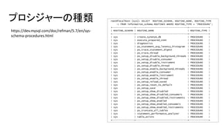 プロシジャーの種類 root@localhost [sys]> SELECT ROUTINE_SCHEMA, ROUTINE_NAME, ROUTINE_TYPE
-> FROM information_schema.ROUTINES WHERE ROUTINE_TYPE = 'PROCEDURE';
+----------------+-------------------------------------+--------------+
| ROUTINE_SCHEMA | ROUTINE_NAME | ROUTINE_TYPE |
+----------------+-------------------------------------+--------------+
| sys | create_synonym_db | PROCEDURE |
| sys | execute_prepared_stmt | PROCEDURE |
| sys | diagnostics | PROCEDURE |
| sys | ps_statement_avg_latency_histogram | PROCEDURE |
| sys | ps_trace_statement_digest | PROCEDURE |
| sys | ps_trace_thread | PROCEDURE |
| sys | ps_setup_disable_background_threads | PROCEDURE |
| sys | ps_setup_disable_consumer | PROCEDURE |
| sys | ps_setup_disable_instrument | PROCEDURE |
| sys | ps_setup_disable_thread | PROCEDURE |
| sys | ps_setup_enable_background_threads | PROCEDURE |
| sys | ps_setup_enable_consumer | PROCEDURE |
| sys | ps_setup_enable_instrument | PROCEDURE |
| sys | ps_setup_enable_thread | PROCEDURE |
| sys | ps_setup_reload_saved | PROCEDURE |
| sys | ps_setup_reset_to_default | PROCEDURE |
| sys | ps_setup_save | PROCEDURE |
| sys | ps_setup_show_disabled | PROCEDURE |
| sys | ps_setup_show_disabled_consumers | PROCEDURE |
| sys | ps_setup_show_disabled_instruments | PROCEDURE |
| sys | ps_setup_show_enabled | PROCEDURE |
| sys | ps_setup_show_enabled_consumers | PROCEDURE |
| sys | ps_setup_show_enabled_instruments | PROCEDURE |
| sys | ps_truncate_all_tables | PROCEDURE |
| sys | statement_performance_analyzer | PROCEDURE |
| sys | table_exists | PROCEDURE |
+----------------+-------------------------------------+--------------+
https://dev.mysql.com/doc/refman/5.7/en/sys-
schema-procedures.html
 