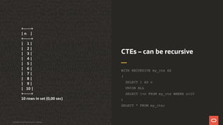 CTEs – can be recursive
WITH RECURSIVE my_cte AS
(
SELECT 1 AS n
UNION ALL
SELECT 1+n FROM my_cte WHERE n<10
)
SELECT * FROM my_cte;
Copyright © 2019 Oracle and/or its affiliates.
+------+
| n |
+------+
| 1 |
| 2 |
| 3 |
| 4 |
| 5 |
| 6 |
| 7 |
| 8 |
| 9 |
| 10 |
+------+
10 rows in set (0,00 sec)
 