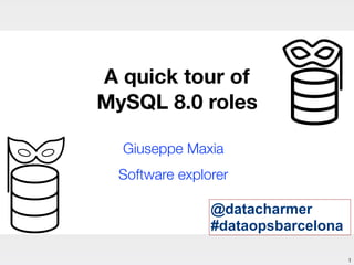 A quick tour of
MySQL 8.0 roles
Giuseppe Maxia
Software explorer
!1
@datacharmer
#dataopsbarcelona
 