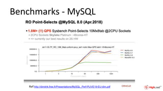 Benchmarks - MySQL
Ref:http://dimitrik.free.fr/Presentations/MySQL_Perf-PLIVE19-EU-dim.pdf
 