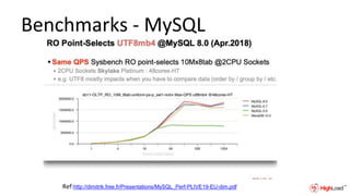 Benchmarks - MySQL
Ref:http://dimitrik.free.fr/Presentations/MySQL_Perf-PLIVE19-EU-dim.pdf
 