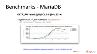 Benchmarks - MariaDB
Ref:http://dimitrik.free.fr/Presentations/MySQL_Perf-PLIVE19-EU-dim.pdf
 