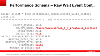 Copyright © 2013, Oracle and/or its affiliates. All rights reserved. Insert Information Protection Policy Classification from Slide 12 of the corporate presentation template13
Performance Schema – Raw Wait Event Cont..
mysql> select * from performance_schema.events_waits_history
limit 1G
*************************** 1. row ***************************
...
OBJECT_SCHEMA: NULL
OBJECT_NAME: /Users/mark/sb/msb_5_7_2/data/ib_logfile0
INDEX_NAME: NULL
OBJECT_TYPE: FILE
OBJECT_INSTANCE_BEGIN: 4771328832
NESTING_EVENT_ID: NULL
NESTING_EVENT_TYPE: NULL
OPERATION: write
NUMBER_OF_BYTES: 512
FLAGS: NULL
 
