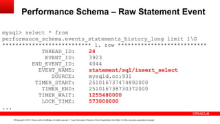 Copyright © 2013, Oracle and/or its affiliates. All rights reserved. Insert Information Protection Policy Classification from Slide 12 of the corporate presentation template15
Performance Schema – Raw Statement Event
mysql> select * from
performance_schema.events_statements_history_long limit 1G
*************************** 1. row ***************************
THREAD_ID: 24
EVENT_ID: 3923
END_EVENT_ID: 4044
EVENT_NAME: statement/sql/insert_select
SOURCE: mysqld.cc:931
TIMER_START: 251016737474892000
TIMER_END: 251016738730372000
TIMER_WAIT: 1255480000
LOCK_TIME: 573000000
...
 