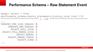 Copyright © 2013, Oracle and/or its affiliates. All rights reserved. Insert Information Protection Policy Classification from Slide 12 of the corporate presentation template18
Performance Schema – Raw Statement Event
mysql> select * from
performance_schema.events_statements_history_long limit 1G
*************************** 1. row ***************************
...
CREATED_TMP_DISK_TABLES: 0
CREATED_TMP_TABLES: 0
SELECT_FULL_JOIN: 0
SELECT_FULL_RANGE_JOIN: 0
SELECT_RANGE: 0
SELECT_RANGE_CHECK: 0
SELECT_SCAN: 1
...
 