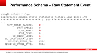 Copyright © 2013, Oracle and/or its affiliates. All rights reserved. Insert Information Protection Policy Classification from Slide 12 of the corporate presentation template19
Performance Schema – Raw Statement Event
mysql> select * from
performance_schema.events_statements_history_long limit 1G
*************************** 1. row ***************************
...
SORT_MERGE_PASSES: 0
SORT_RANGE: 0
SORT_ROWS: 0
SORT_SCAN: 0
NO_INDEX_USED: 1
NO_GOOD_INDEX_USED: 0
NESTING_EVENT_ID: NULL
NESTING_EVENT_TYPE: NULL
 