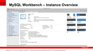 Copyright © 2013, Oracle and/or its affiliates. All rights reserved. Insert Information Protection Policy Classification from Slide 12 of the corporate presentation template28
MySQL Workbench – Instance Overview
 