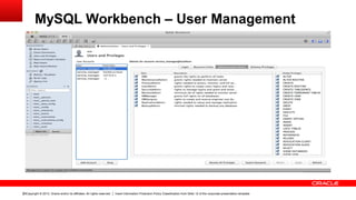 Copyright © 2013, Oracle and/or its affiliates. All rights reserved. Insert Information Protection Policy Classification from Slide 12 of the corporate presentation template30
MySQL Workbench – User Management
 