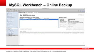Copyright © 2013, Oracle and/or its affiliates. All rights reserved. Insert Information Protection Policy Classification from Slide 12 of the corporate presentation template33
MySQL Workbench – Online Backup
 