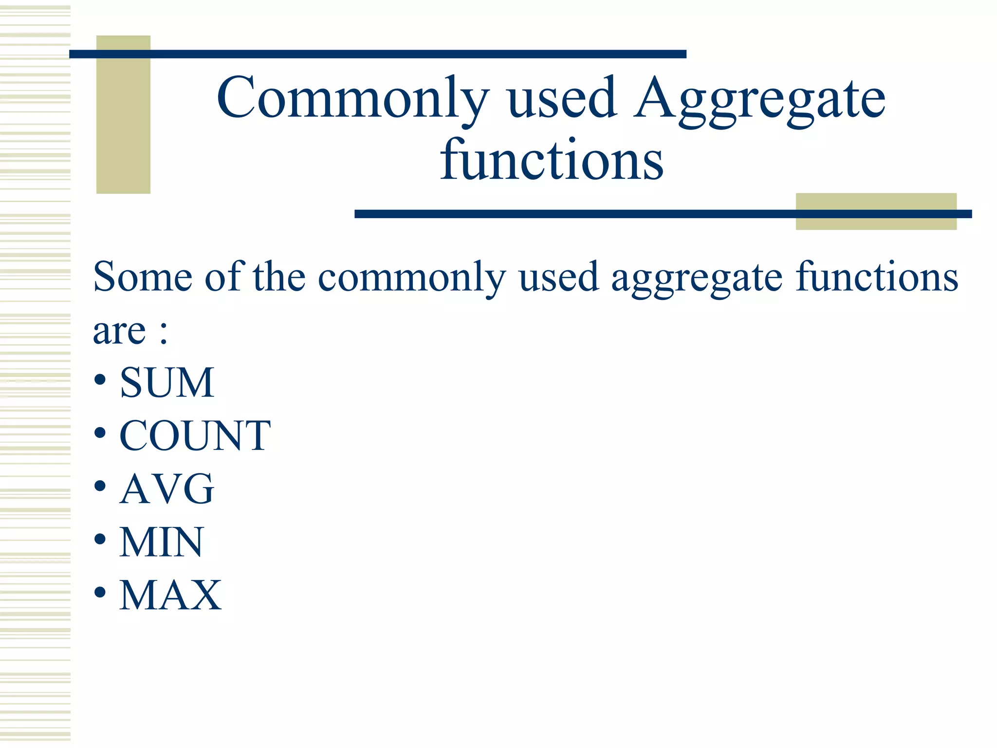 MYSQL Aggregate Functions | PPT
