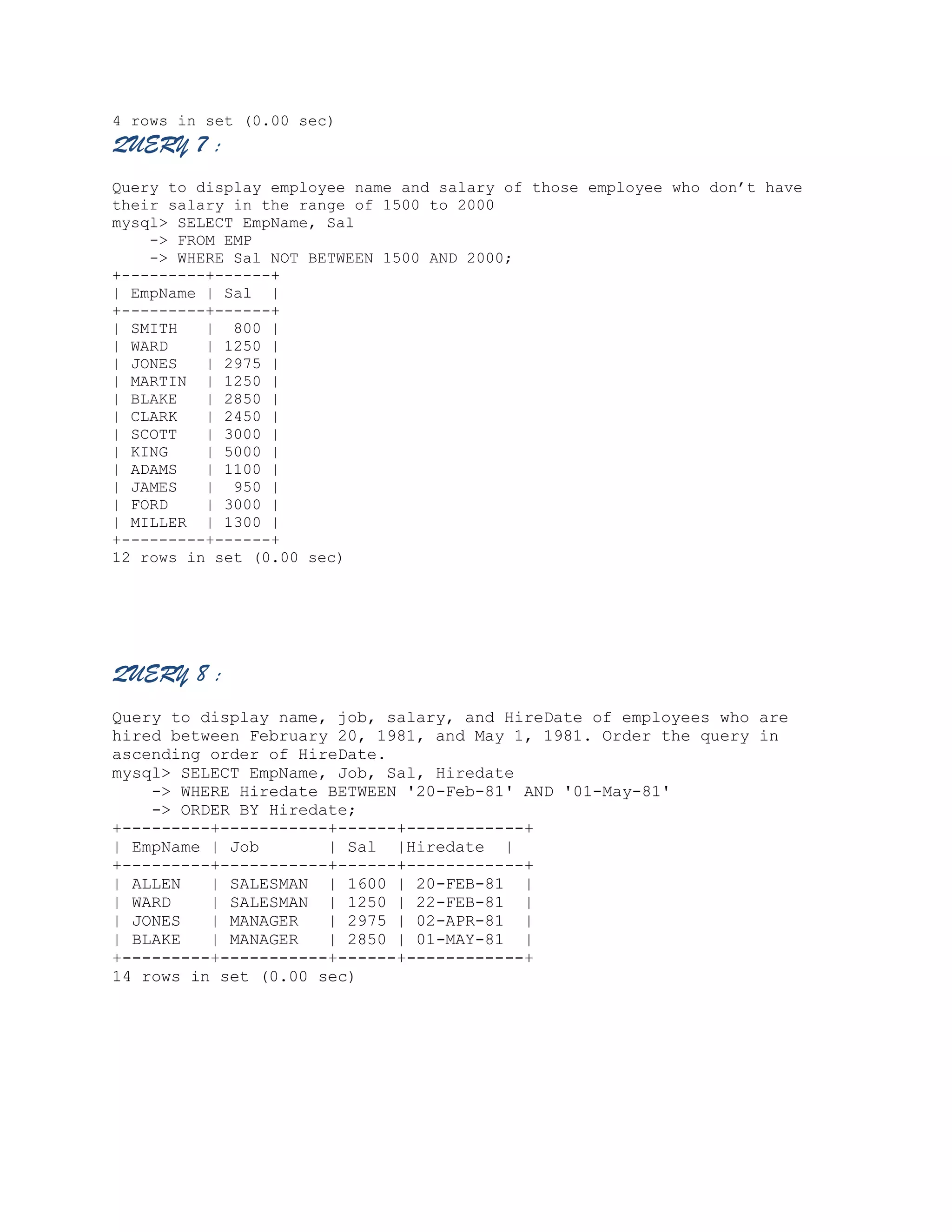 4 rows in set (0.00 sec)

QUERY 7 :
Query to display employee name and salary of those employee who don’t have
their salary in the range of 1500 to 2000
mysql> SELECT EmpName, Sal
-> FROM EMP
-> WHERE Sal NOT BETWEEN 1500 AND 2000;
+---------+------+
| EmpName | Sal |
+---------+------+
| SMITH
| 800 |
| WARD
| 1250 |
| JONES
| 2975 |
| MARTIN | 1250 |
| BLAKE
| 2850 |
| CLARK
| 2450 |
| SCOTT
| 3000 |
| KING
| 5000 |
| ADAMS
| 1100 |
| JAMES
| 950 |
| FORD
| 3000 |
| MILLER | 1300 |
+---------+------+
12 rows in set (0.00 sec)

QUERY 8 :
Query to display name, job, salary, and HireDate of employees who are
hired between February 20, 1981, and May 1, 1981. Order the query in
ascending order of HireDate.
mysql> SELECT EmpName, Job, Sal, Hiredate
-> WHERE Hiredate BETWEEN '20-Feb-81' AND '01-May-81'
-> ORDER BY Hiredate;
+---------+-----------+------+------------+
| EmpName | Job
| Sal |Hiredate |
+---------+-----------+------+------------+
| ALLEN
| SALESMAN | 1600 | 20-FEB-81 |
| WARD
| SALESMAN | 1250 | 22-FEB-81 |
| JONES
| MANAGER
| 2975 | 02-APR-81 |
| BLAKE
| MANAGER
| 2850 | 01-MAY-81 |
+---------+-----------+------+------------+
14 rows in set (0.00 sec)

 