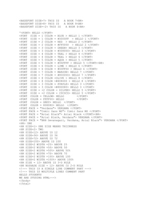 <BASEFONT SIZE=7> THIS IS
<BASEFONT SIZE=8> THIS IS
<BASEFONT SIZE=-2> THIS IS

A BOOK 7<BR>
A BOOK 8<BR>
A BOOK 6<BR>

'<FONT> HELLO </FONT>
<FONT SIZE = 1 COLOR = BLUE > HELLO 1 </FONT>
<FONT SIZE = 1 COLOR = #0000FF > HELLO 1 </FONT>
<FONT SIZE = 2 COLOR = RED > HELLO 2 </FONT>
<FONT SIZE = 2 COLOR = #FF0000 > HELLO 2 </FONT>
<FONT SIZE = 3 COLOR = GREEN> HELLO 3 </FONT>
<FONT SIZE = 3 COLOR = #008000> HELLO 3 </FONT>
<FONT SIZE = 4 COLOR = TEAL > HELLO 4 </FONT>
<FONT SIZE = 4 COLOR = TEAL > HELLO 4 </FONT>
<FONT SIZE = 5 COLOR = AQUA > HELLO 5 </FONT>
<FONT SIZE = 5 COLOR = #00FFFF > HELLO 5 </FONT><BR>
<FONT SIZE = 6 COLOR = LIME > HELLO 6 </FONT>
<FONT SIZE = 6 COLOR = #00FF00 > HELLO 6 </FONT>
<FONT SIZE = 7 COLOR = MAROON> HELLO 7 </FONT>
<FONT SIZE = 7 COLOR = #800000> HELLO 7 </FONT>
<FONT SIZE = 8 COLOR =OLIVE > HELLO 8 </FONT>
<FONT SIZE = 8 COLOR =#808000 > HELLO 8 </FONT>
<FONT SIZE = 3 COLOR = PURPLE> HELLO 3 </FONT>
<FONT SIZE = 3 COLOR =#800080> HELLO 3 </FONT>
<FONT SIZE = +2 COLOR = SILVER> HELLO 5 </FONT>
<FONT SIZE = +2 COLOR = C0C0C0> HELLO 5 </FONT>
<FONT COLOR = YELLOW> HELLO
</FONT>
<FONT COLOR = FFFF00> HELLO
</FONT>
<FONT COLOR = GREY> HELLO </FONT>
<FONT COLOR = 808080> HELLO </FONT>
<FONT FACE = "Verdana"> VERDANA </FONT>
<FONT FACE = "Comic Sans MS"> Comic Sans MS </FONT>
<FONT FACE = "Arial Black"> Arial Black </FONT><BR>
<FONT FACE = "Arial Black, Verdana"> VERDANA </FONT>
<FONT FACE = "BRH Devanagari, Verdana, Arial Black"> VERDANA </FONT>
<HR> ONE
<HR SIZE=1> ONE SIZE MEANS THICKNESS
<HR SIZE=2> TWO
<HR SIZE=12> ABOVE IS 12
<HR SIZE=36> ABOVE IS 36
<HR SIZE=72> ABOVE IS 72
<HR SIZE=100> ABOVE IS 100
<HR SIZE=2 WIDTH =25> ABOVE 25
<HR SIZE=2 WIDTH =50> ABOVE 50
<HR SIZE=2 WIDTH =50%> ABOVE 50%
<HR SIZE=2 WIDTH =70> ABOVE 70
<HR SIZE=2 WIDTH =100> ABOVE 100
<HR SIZE=2 WIDTH =100%> ABOVE 100%
<HR SIZE = 12> ABOVE IS 3-D RULE
<HR NOSHADE SIZE = 12> ABOVE IS 2-D RULE
<!--- THIS IS A SINGLE LINE COMMENT PART --->
<!--- THIS IS MULTIPLE LINES COMMENT PART
HELLO STUDENTS
WE ARE STUDING HTML--->
</body>
</html>

 