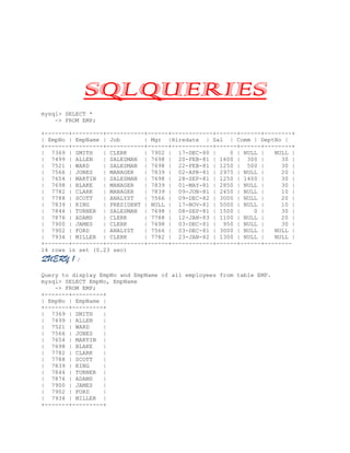 SQLQUERIES
mysql> SELECT *
-> FROM EMP;
+-------+---------+-----------+------+------------+------+------+--------+
| EmpNo | EmpName | Job
| Mgr |Hiredate | Sal | Comm | DeptNo |
+-------+---------+-----------+------+------------+------+------+--------+
| 7369 | SMITH
| CLERK
| 7902 | 17-DEC-80 |
0 | NULL |
NULL |
| 7499 | ALLEN
| SALESMAN | 7698 | 20-FEB-81 | 1600 | 300 |
30 |
| 7521 | WARD
| SALESMAN | 7698 | 22-FEB-81 | 1250 | 500 |
30 |
| 7566 | JONES
| MANAGER
| 7839 | 02-APR-81 | 2975 | NULL |
20 |
| 7654 | MARTIN | SALESMAN | 7698 | 28-SEP-81 | 1250 | 1400 |
30 |
| 7698 | BLAKE
| MANAGER
| 7839 | 01-MAY-81 | 2850 | NULL |
30 |
| 7782 | CLARK
| MANAGER
| 7839 | 09-JUN-81 | 2450 | NULL |
10 |
| 7788 | SCOTT
| ANALYST
| 7566 | 09-DEC-82 | 3000 | NULL |
20 |
| 7839 | KING
| PRESIDENT | NULL | 17-NOV-81 | 5000 | NULL |
10 |
| 7844 | TURNER | SALESMAN | 7698 | 08-SEP-81 | 1500 |
0 |
30 |
| 7876 | ADAMS
| CLERK
| 7788 | 12-JAN-83 | 1100 | NULL |
20 |
| 7900 | JAMES
| CLERK
| 7698 | 03-DEC-81 | 950 | NULL |
30 |
| 7902 | FORD
| ANALYST
| 7566 | 03-DEC-81 | 3000 | NULL |
NULL |
| 7934 | MILLER | CLERK
| 7782 | 23-JAN-82 | 1300 | NULL |
NULL |
+-------+---------+-----------+------+------------+------+------+-------14 rows in set (0.23 sec)

QUERY 1 :
Query to display EmpNo and EmpName of all employees from table EMP.
mysql> SELECT EmpNo, EmpName
-> FROM EMP;
+-------+---------+
| EmpNo | EmpName |
+-------+---------+
| 7369 | SMITH
|
| 7499 | ALLEN
|
| 7521 | WARD
|
| 7566 | JONES
|
| 7654 | MARTIN |
| 7698 | BLAKE
|
| 7782 | CLARK
|
| 7788 | SCOTT
|
| 7839 | KING
|
| 7844 | TURNER |
| 7876 | ADAMS
|
| 7900 | JAMES
|
| 7902 | FORD
|
| 7934 | MILLER |
+-------+---------+

 