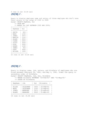 4 rows in set (0.00 sec)

QUERY 7 :
Query to display employee name and salary of those employee who don’t have
their salary in the range of 1500 to 2000
mysql> SELECT EmpName, Sal
-> FROM EMP
-> WHERE Sal NOT BETWEEN 1500 AND 2000;
+---------+------+
| EmpName | Sal |
+---------+------+
| SMITH
| 800 |
| WARD
| 1250 |
| JONES
| 2975 |
| MARTIN | 1250 |
| BLAKE
| 2850 |
| CLARK
| 2450 |
| SCOTT
| 3000 |
| KING
| 5000 |
| ADAMS
| 1100 |
| JAMES
| 950 |
| FORD
| 3000 |
| MILLER | 1300 |
+---------+------+
12 rows in set (0.00 sec)

QUERY 8 :
Query to display name, job, salary, and HireDate of employees who are
hired between February 20, 1981, and May 1, 1981. Order the query in
ascending order of HireDate.
mysql> SELECT EmpName, Job, Sal, Hiredate
-> WHERE Hiredate BETWEEN '20-Feb-81' AND '01-May-81'
-> ORDER BY Hiredate;
+---------+-----------+------+------------+
| EmpName | Job
| Sal |Hiredate |
+---------+-----------+------+------------+
| ALLEN
| SALESMAN | 1600 | 20-FEB-81 |
| WARD
| SALESMAN | 1250 | 22-FEB-81 |
| JONES
| MANAGER
| 2975 | 02-APR-81 |
| BLAKE
| MANAGER
| 2850 | 01-MAY-81 |
+---------+-----------+------+------------+
14 rows in set (0.00 sec)

 