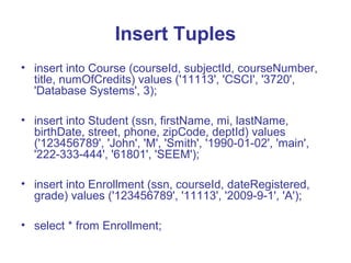 Insert Tuples
• insert into Course (courseId, subjectId, courseNumber,
title, numOfCredits) values ('11113', 'CSCI', '3720',
'Database Systems', 3);
• insert into Student (ssn, firstName, mi, lastName,
birthDate, street, phone, zipCode, deptId) values
('123456789', 'John', 'M', 'Smith', '1990-01-02', 'main',
'222-333-444', '61801', 'SEEM');
• insert into Enrollment (ssn, courseId, dateRegistered,
grade) values ('123456789', '11113', '2009-9-1', 'A');
• select * from Enrollment;

 