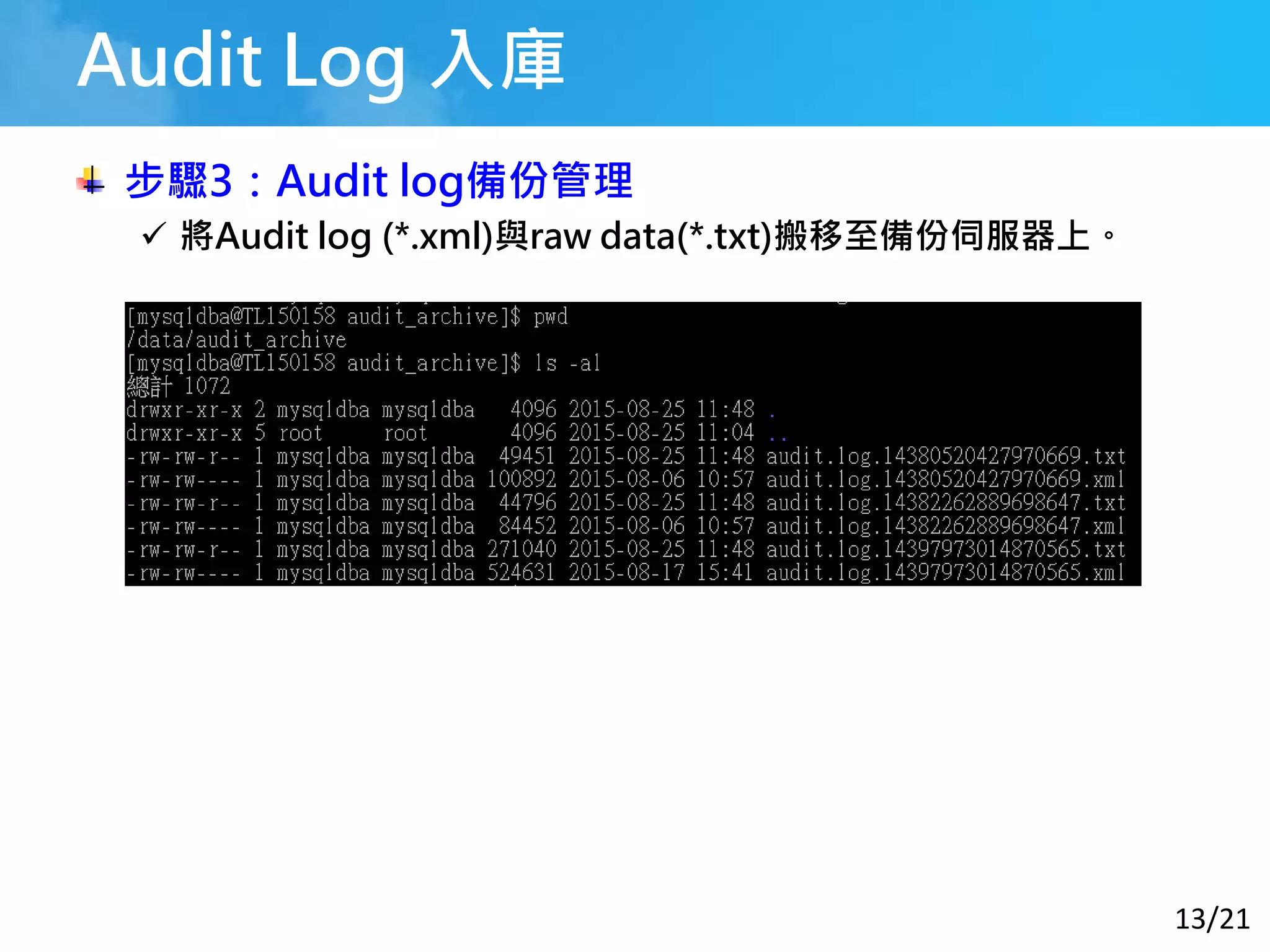 13/21
Audit Log 入庫
步驟3：Audit log備份管理
 將Audit log (*.xml)與raw data(*.txt)搬移至備份伺服器上。
 