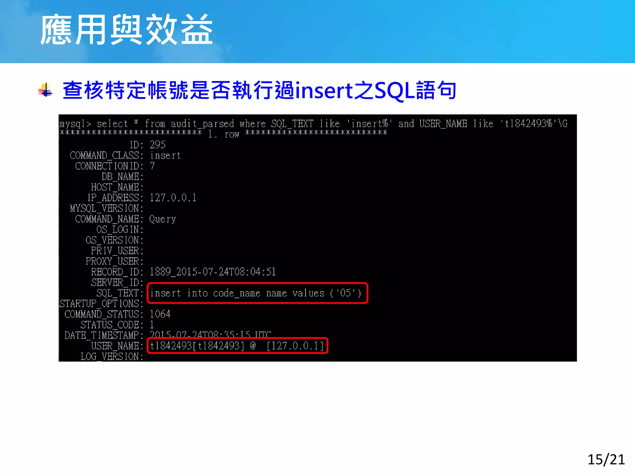 15/21
應用與效益
查核特定帳號是否執行過insert之SQL語句
 