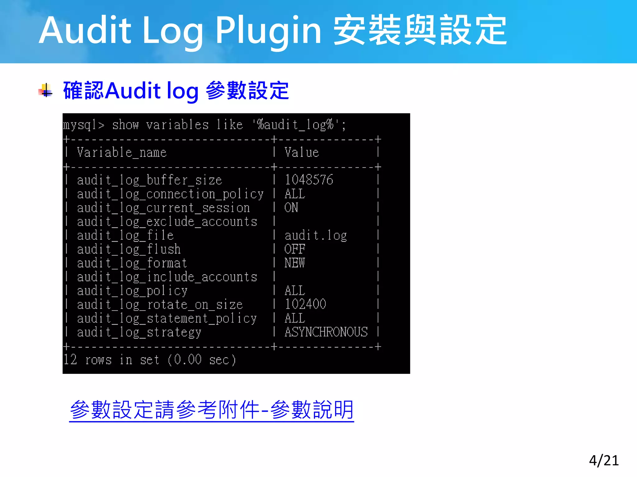 4/21
Audit Log Plugin 安裝與設定
確認Audit log 參數設定
參數設定請參考附件-參數說明
 