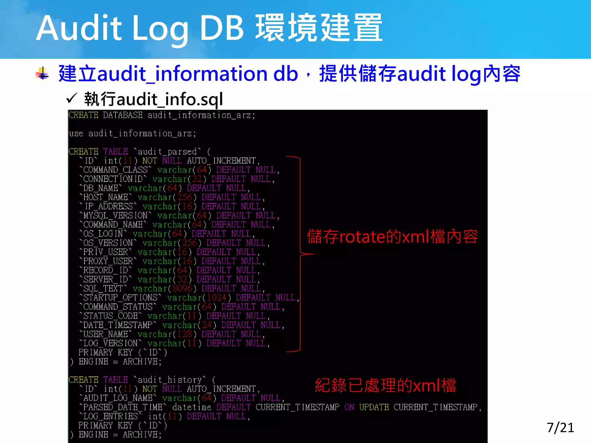 7/21
Audit Log DB 環境建置
建立audit_information db，提供儲存audit log內容
 執行audit_info.sql
儲存rotate的xml檔內容
紀錄已處理的xml檔
 