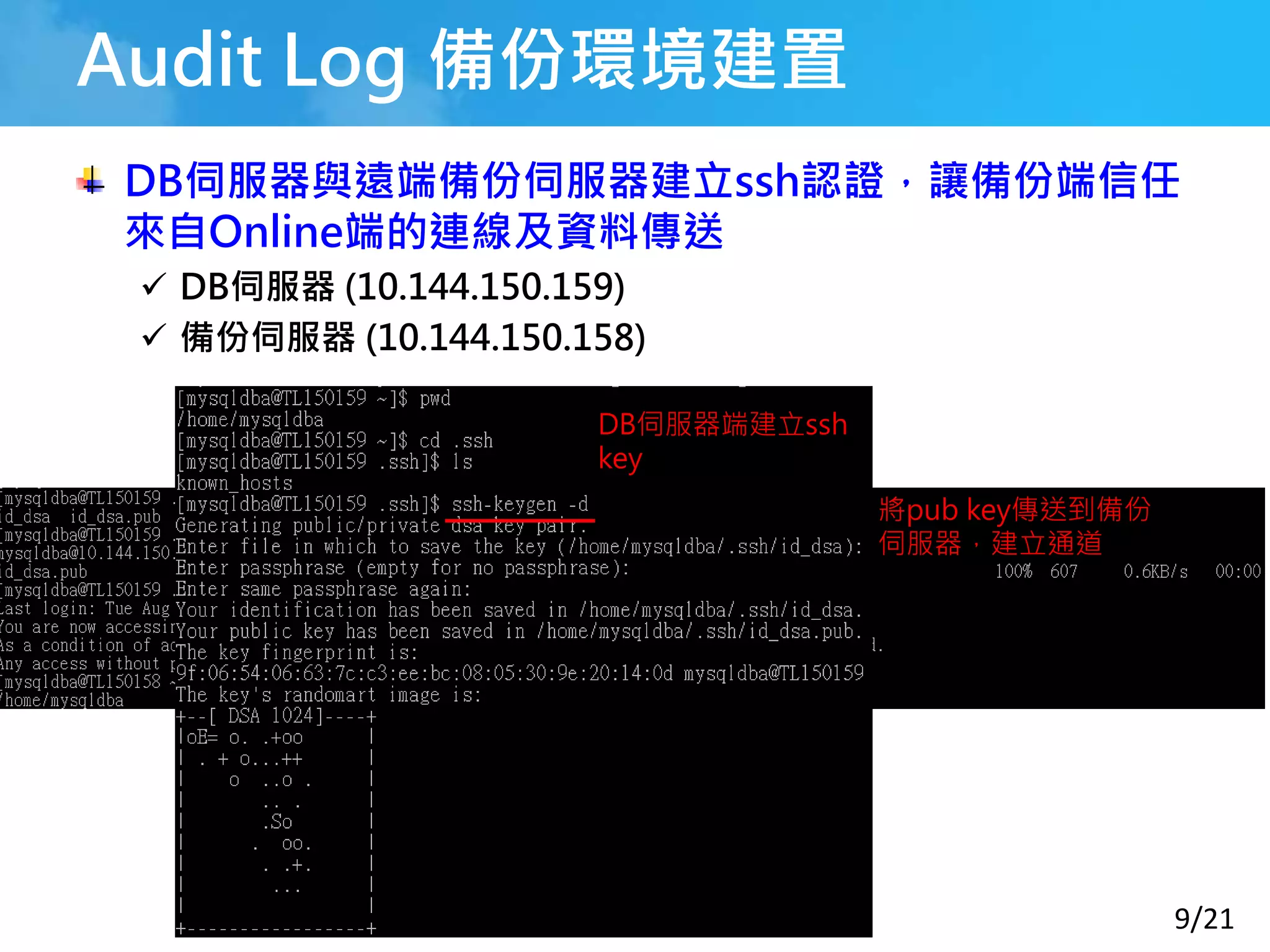 9/21
Audit Log 備份環境建置
DB伺服器與遠端備份伺服器建立ssh認證，讓備份端信任
來自Online端的連線及資料傳送
 DB伺服器 (10.144.150.159)
 備份伺服器 (10.144.150.158)
將pub key傳送到備份
伺服器，建立通道
DB伺服器端建立ssh
key
 