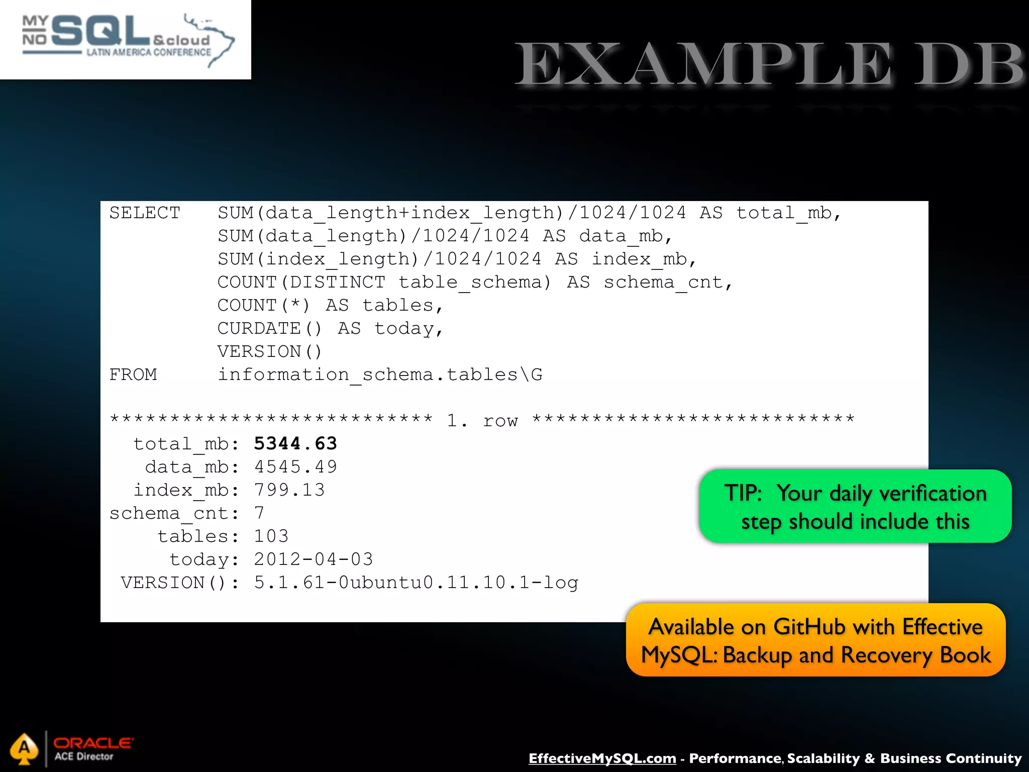 EXAMPLE DB SELECT FROM SUM(data_length+index_length)/1024/1024 AS total_mb, SUM(data_length)/1024/1024 AS data_mb, SUM(index_length)/1024/1024 AS index_mb, COUNT(DISTINCT table_schema) AS schema_cnt, COUNT(*) AS tables, CURDATE() AS today, VERSION() information_schema.tablesG *************************** 1. row *************************** total_mb: 5344.63 data_mb: 4545.49 index_mb: 799.13 TIP: Your daily veriﬁcation schema_cnt: 7 step should include this tables: 103 today: 2012-04-03 VERSION(): 5.1.61-0ubuntu0.11.10.1-log Available on GitHub with Effective MySQL: Backup and Recovery Book EffectiveMySQL.com - Performance, Scalability & Business Continuity 